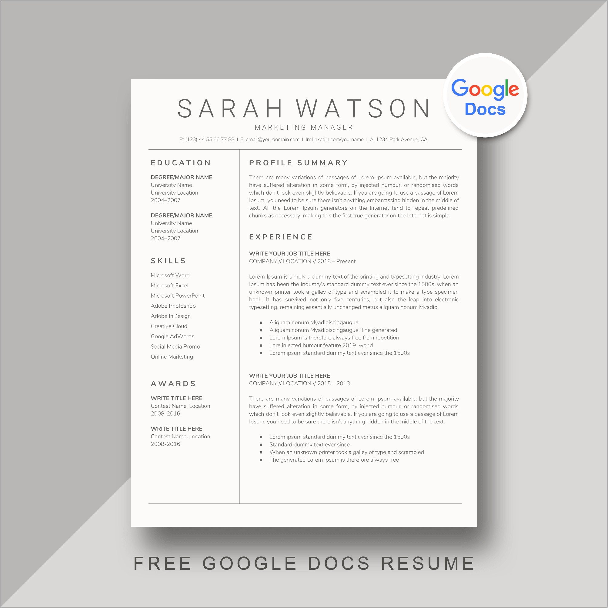 Free Resume Format Google Docs