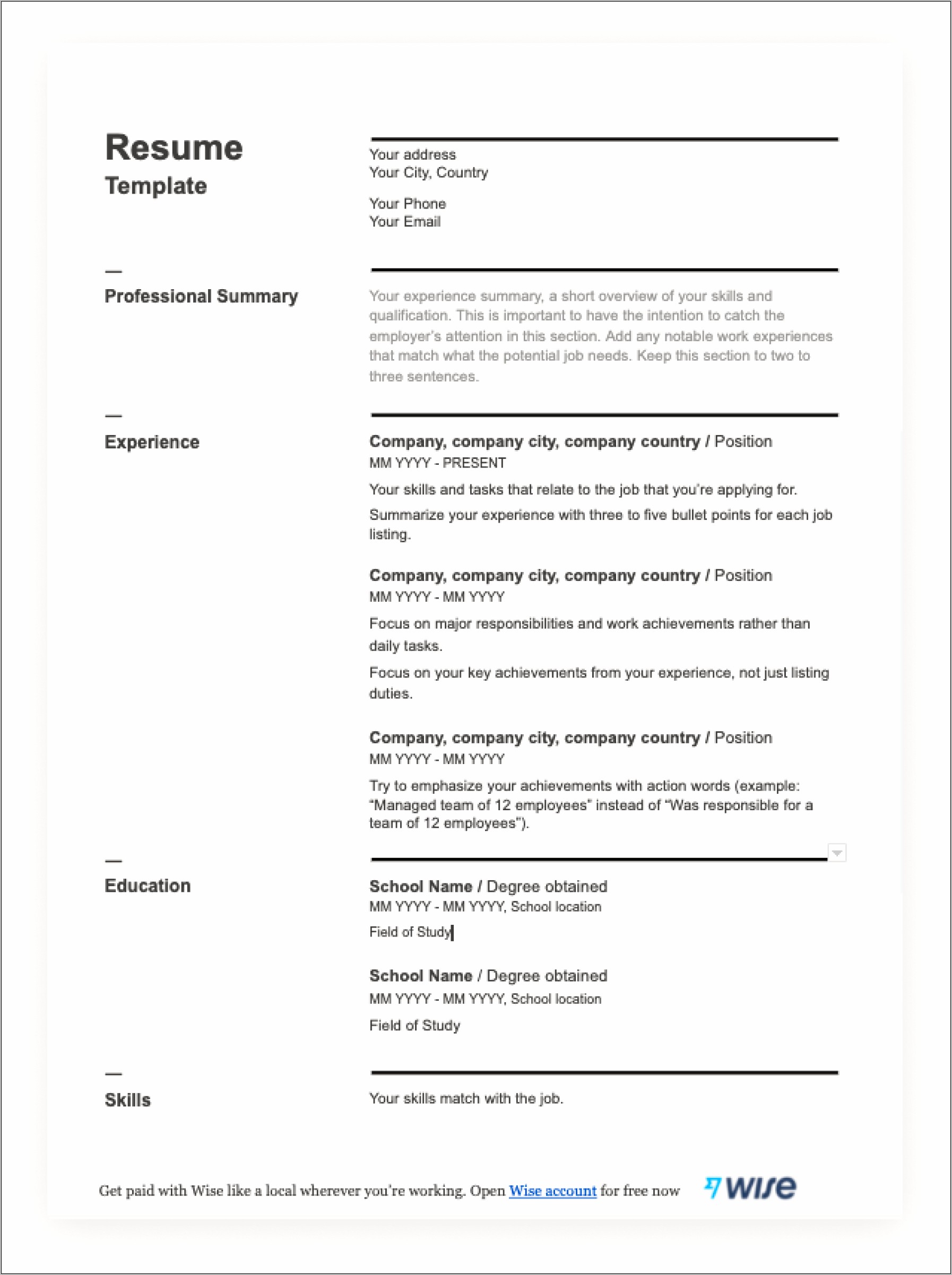 Free Resume Outlines And Examples