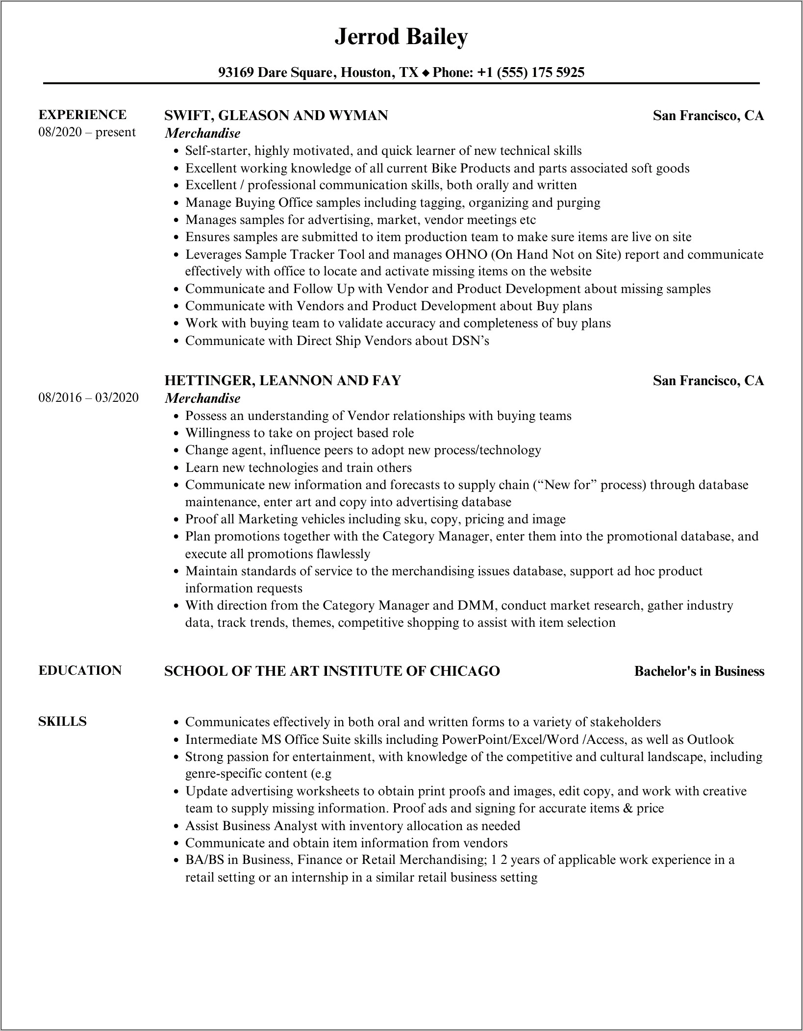 Free Resume Sample Stoke Machandise