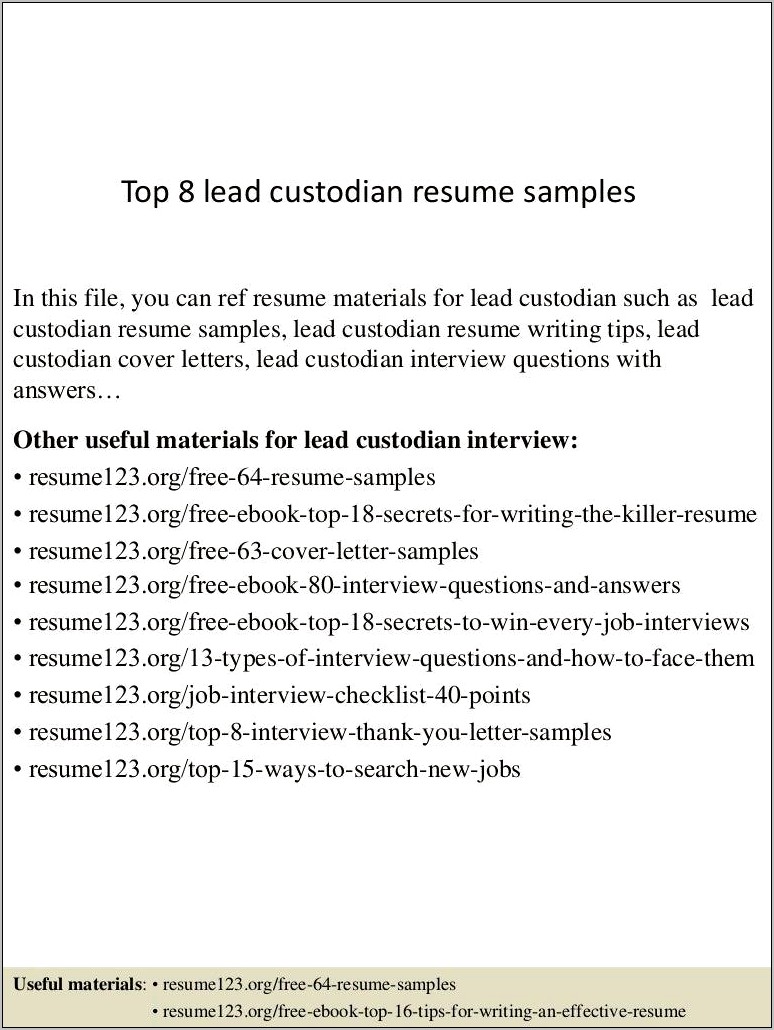 Free Resume Samples For Custodian