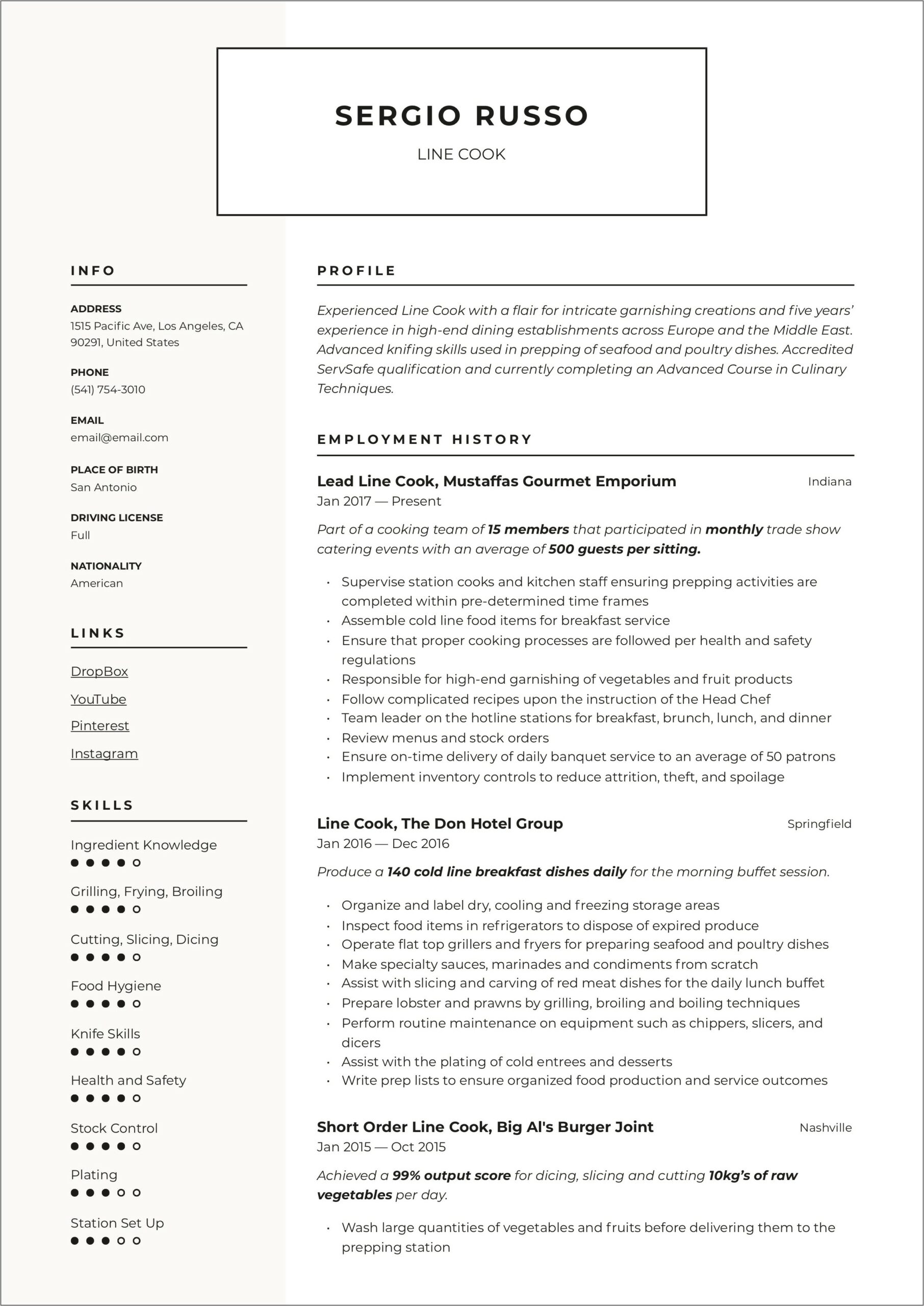 Free Resume Samples Line Cook