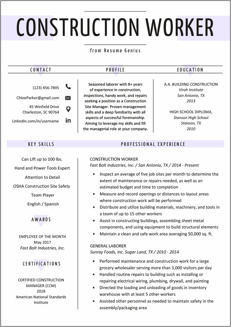 Free Resume Template For Construction