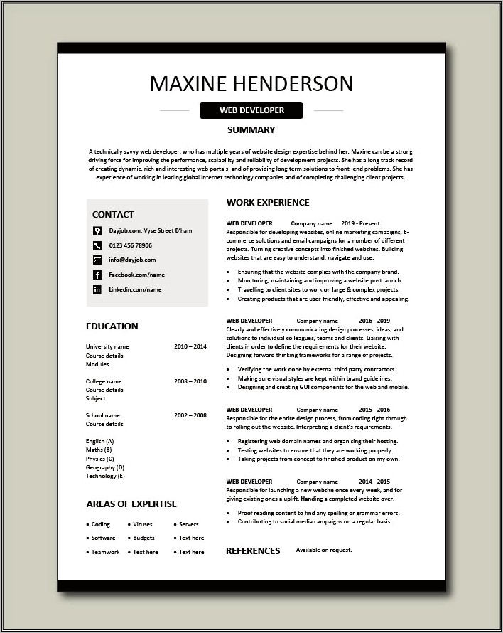 Free Resume Template Web Developer