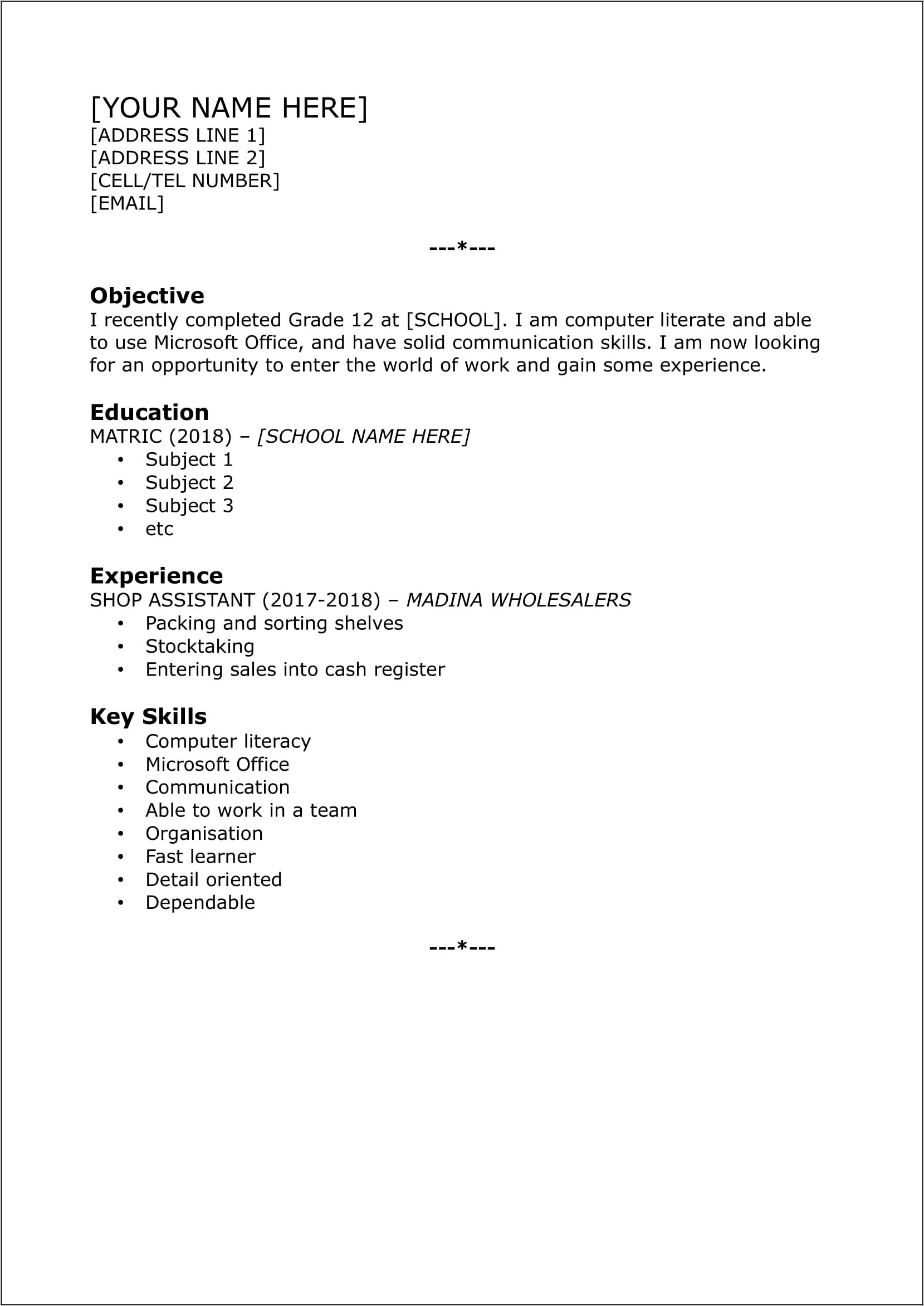 Free Resume Templates Entry Level