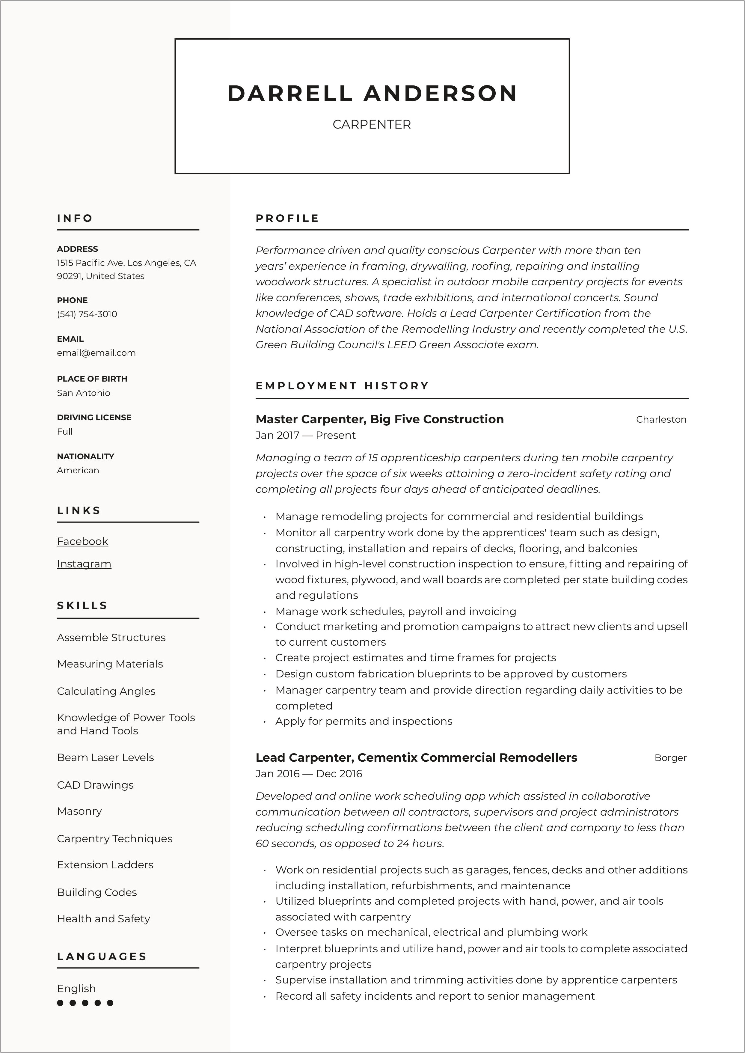 Free Resume Templates For Carpenter