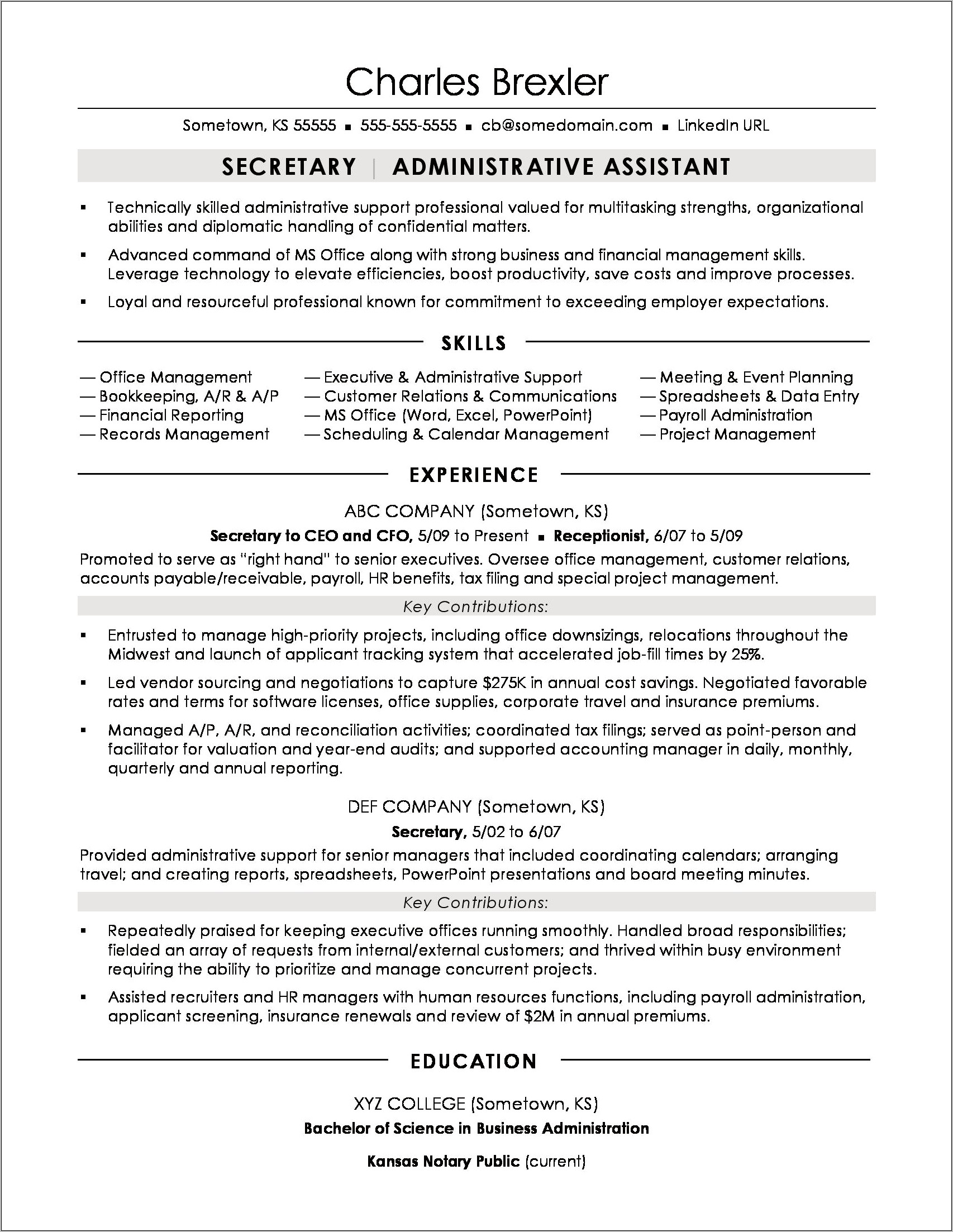 Free Resume Templates For Secretary