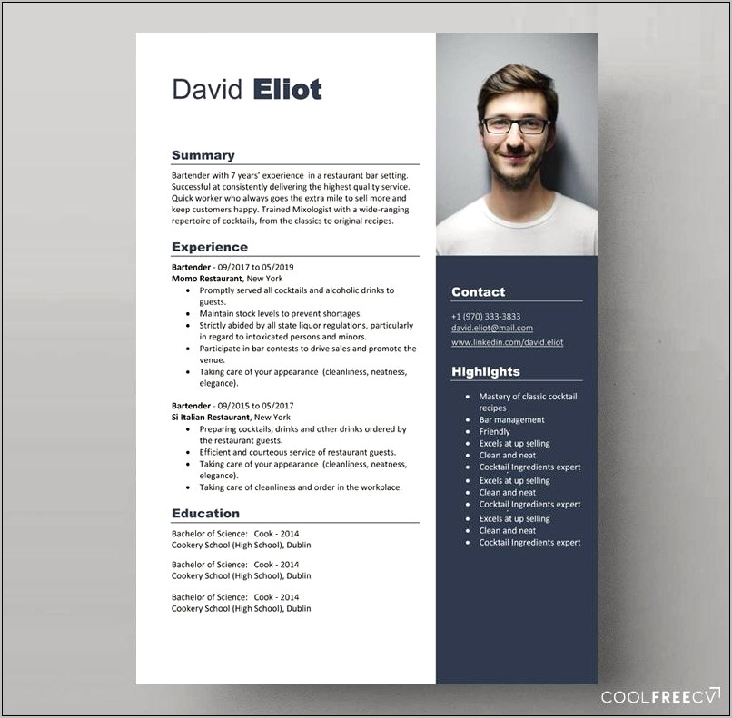 Free Sample Bartending Resume Template