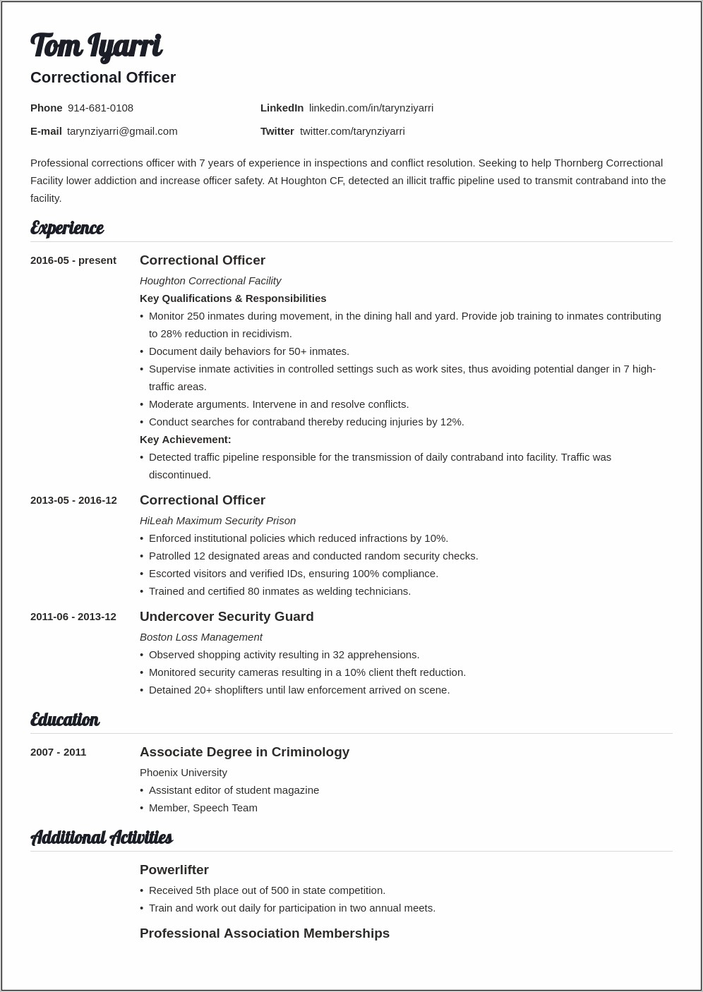 Free Sample Correctional Officer Resume