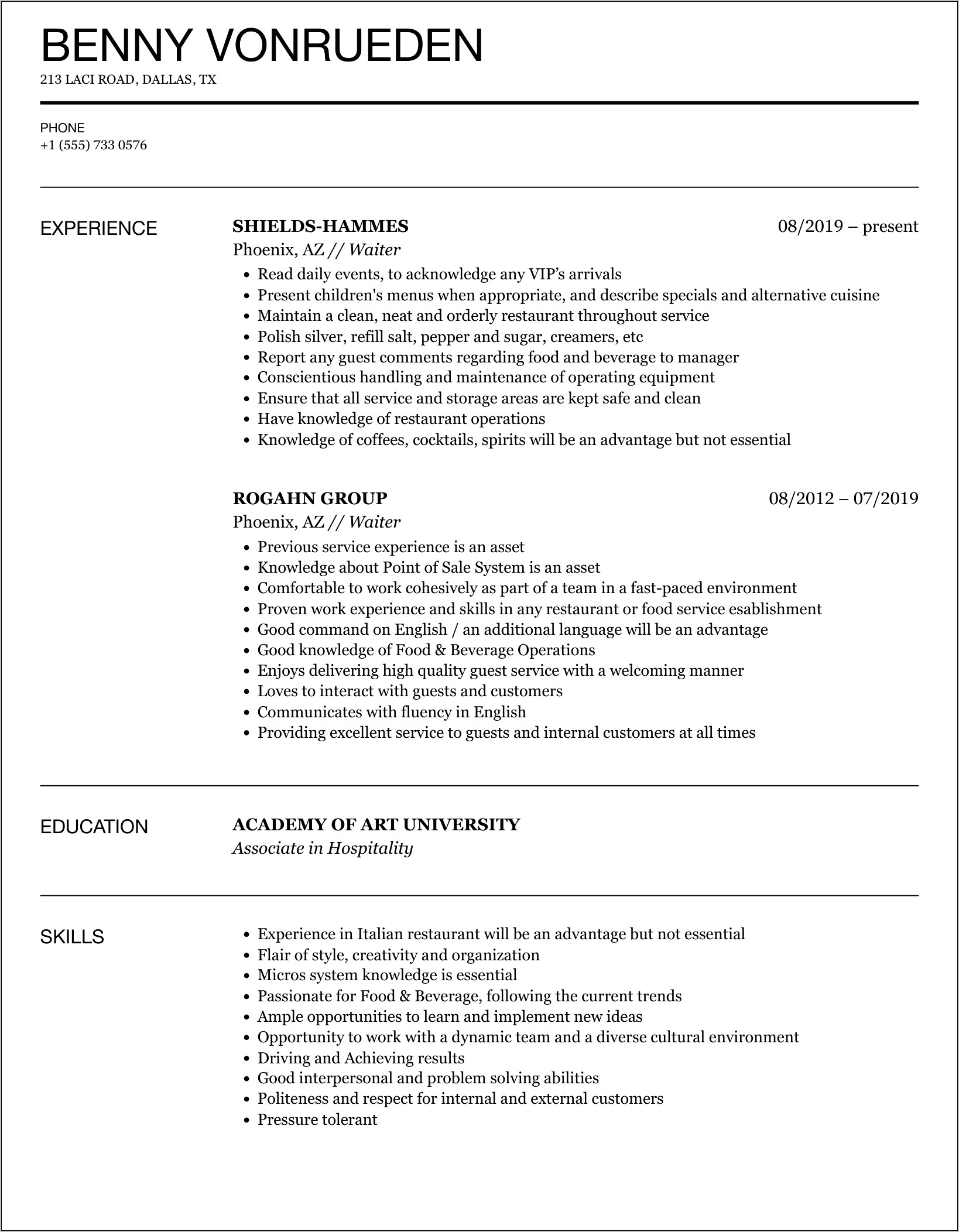 Free Sample Food Server Resume