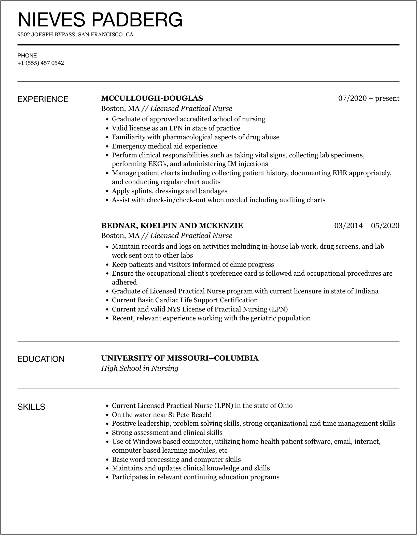 Free Sample Of Lpn Resume