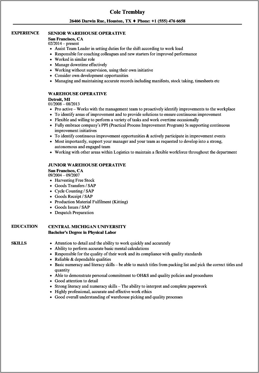 Free Sample Of Warehouse Resume