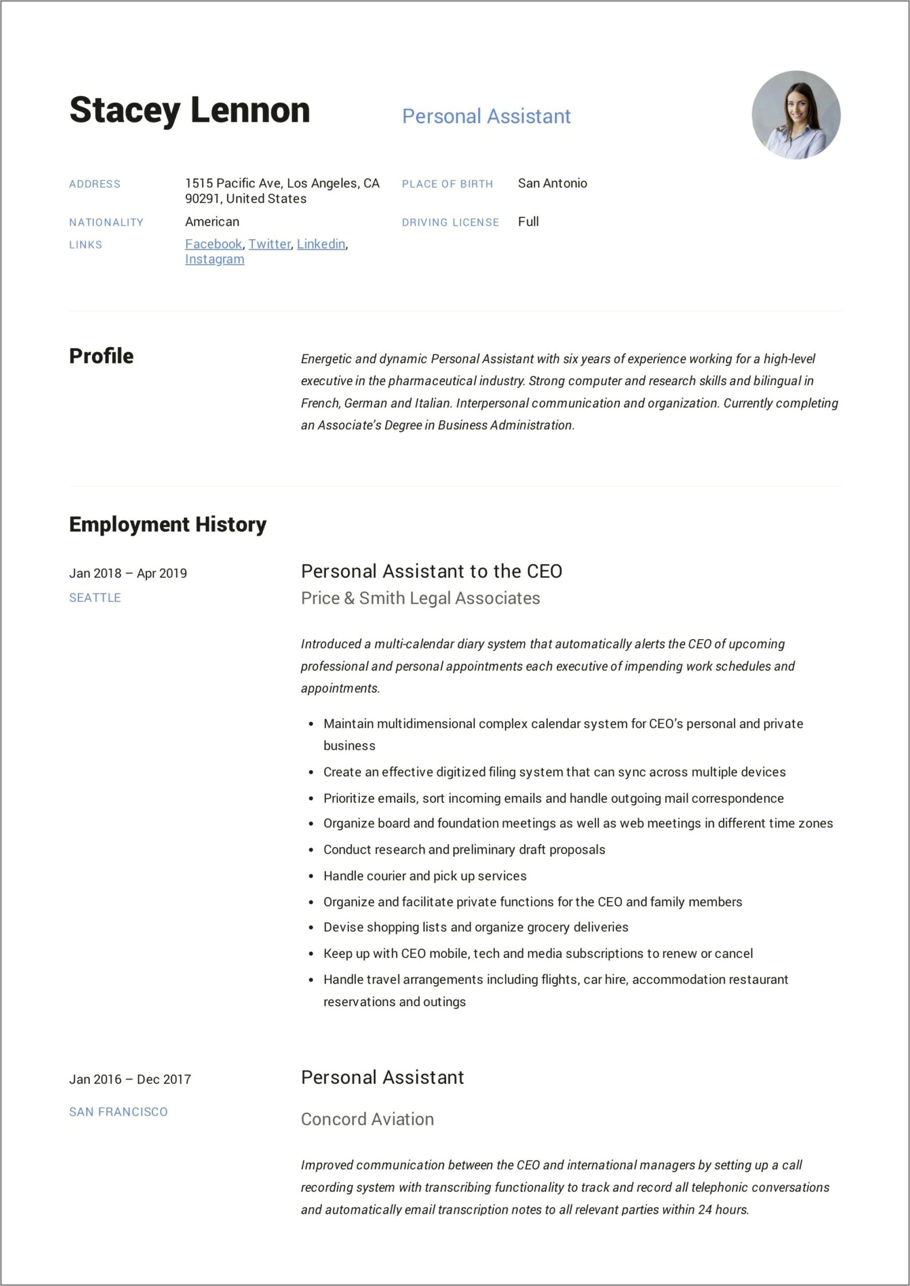 Free Sample Personal Assistant Resume