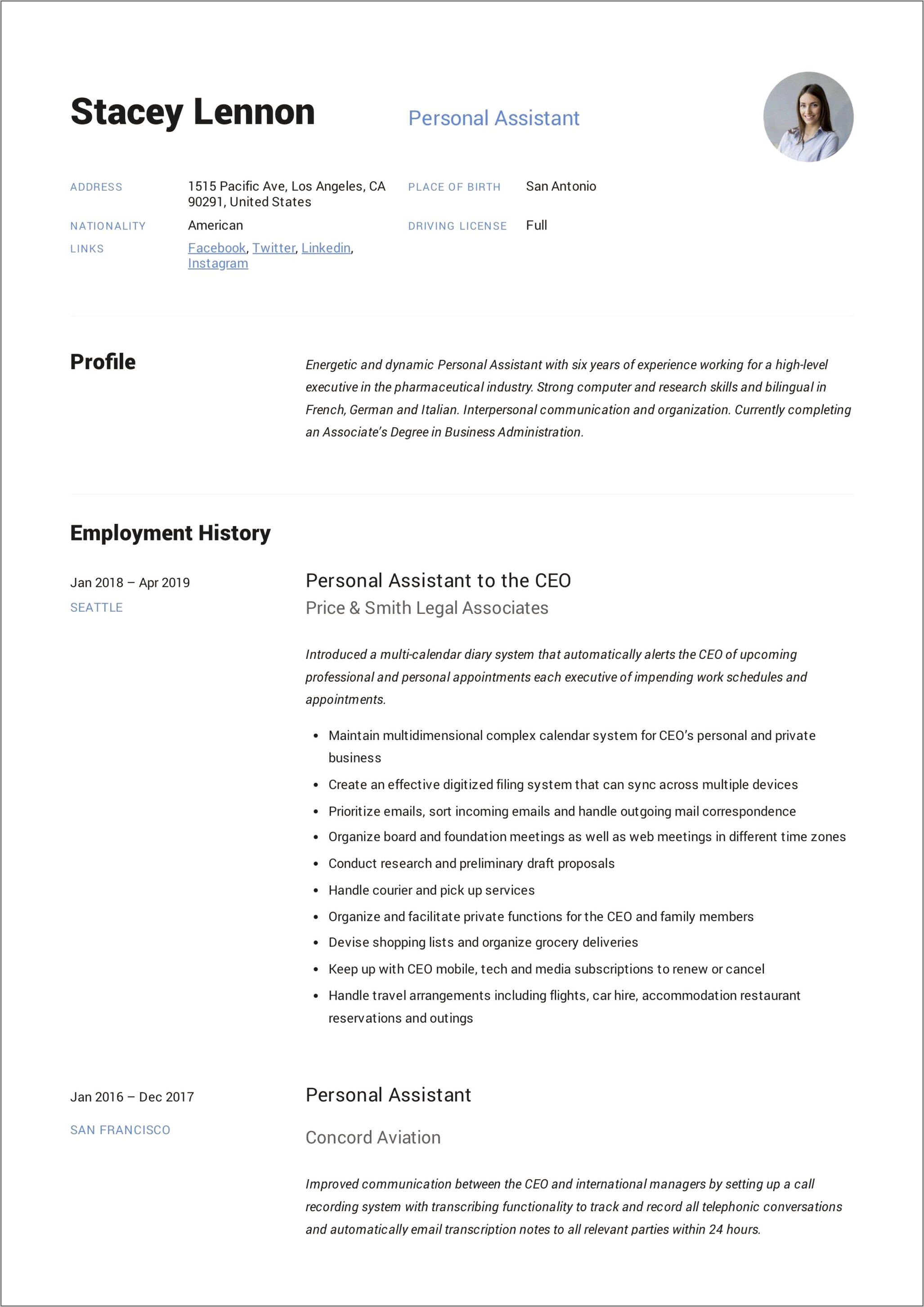 Free Sample Personal Assistant Resume