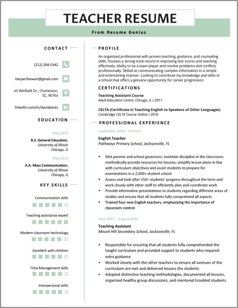 Free Sample Preschool Teacher Resumes