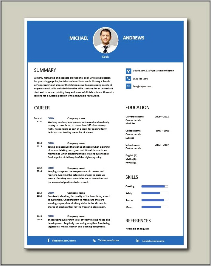 Free Sample Resume Cook Assistant