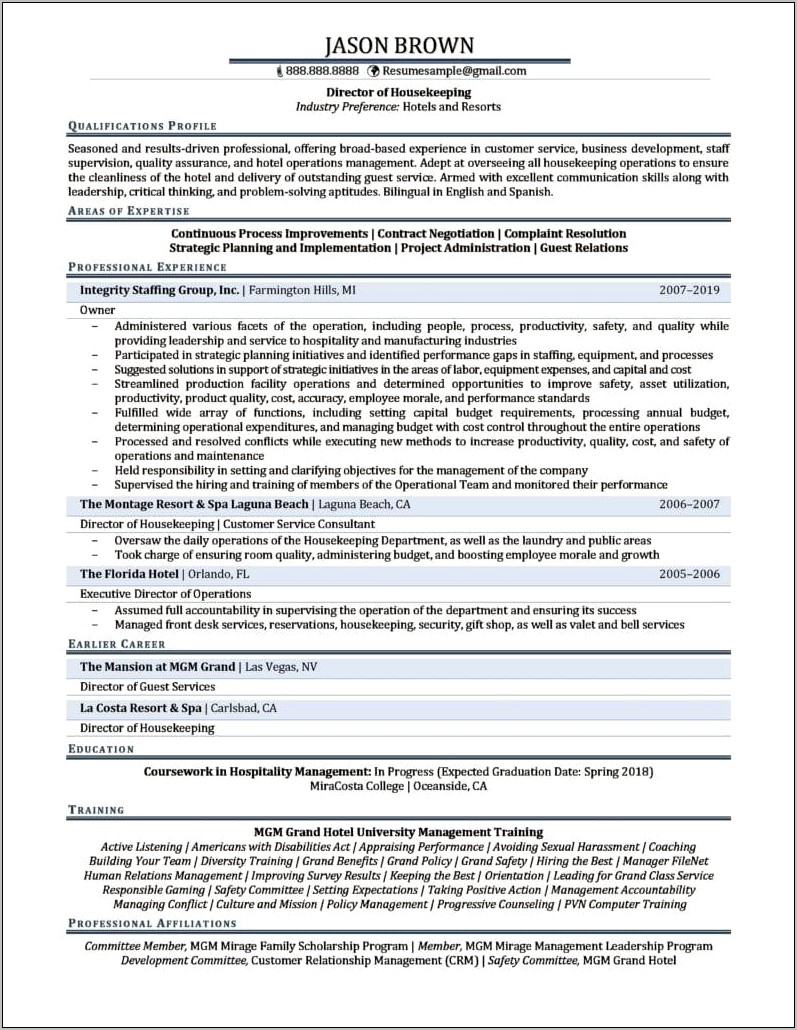 Free Sample Resume For Housekeeper