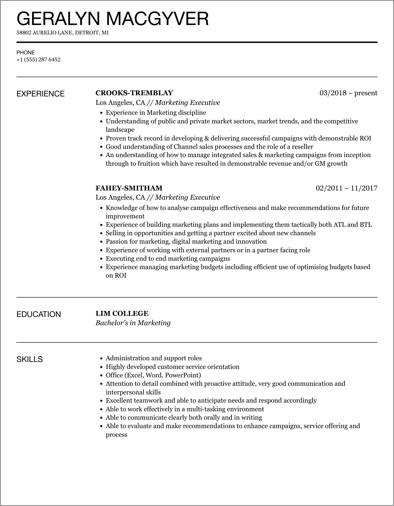 Free Sample Resume Marketing Executive