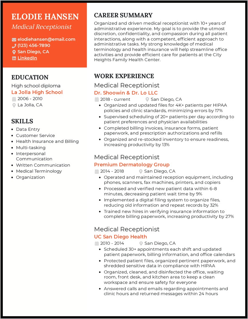 Free Sample Resume Of Receptionist