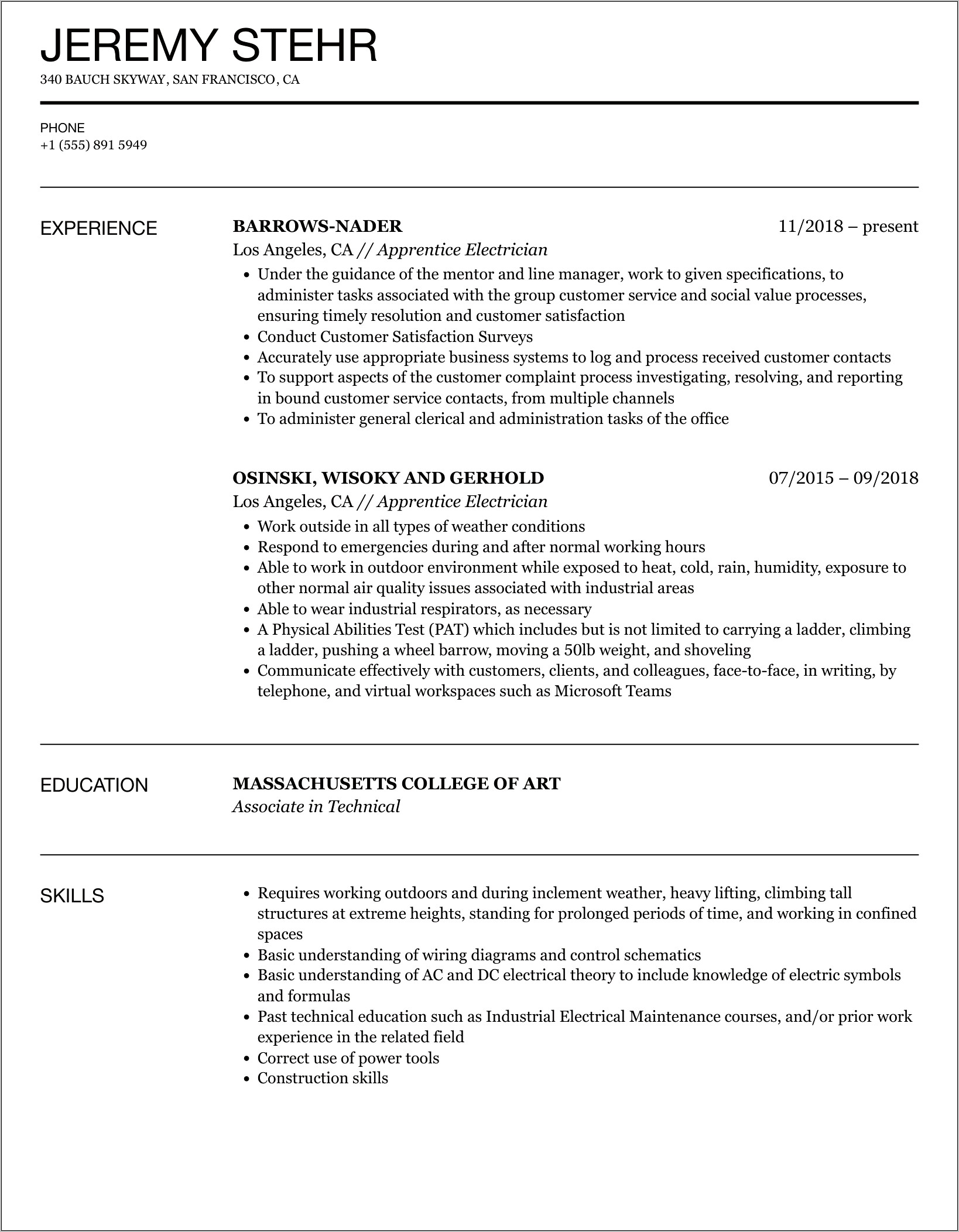 Free Sample Resumes For Electricians