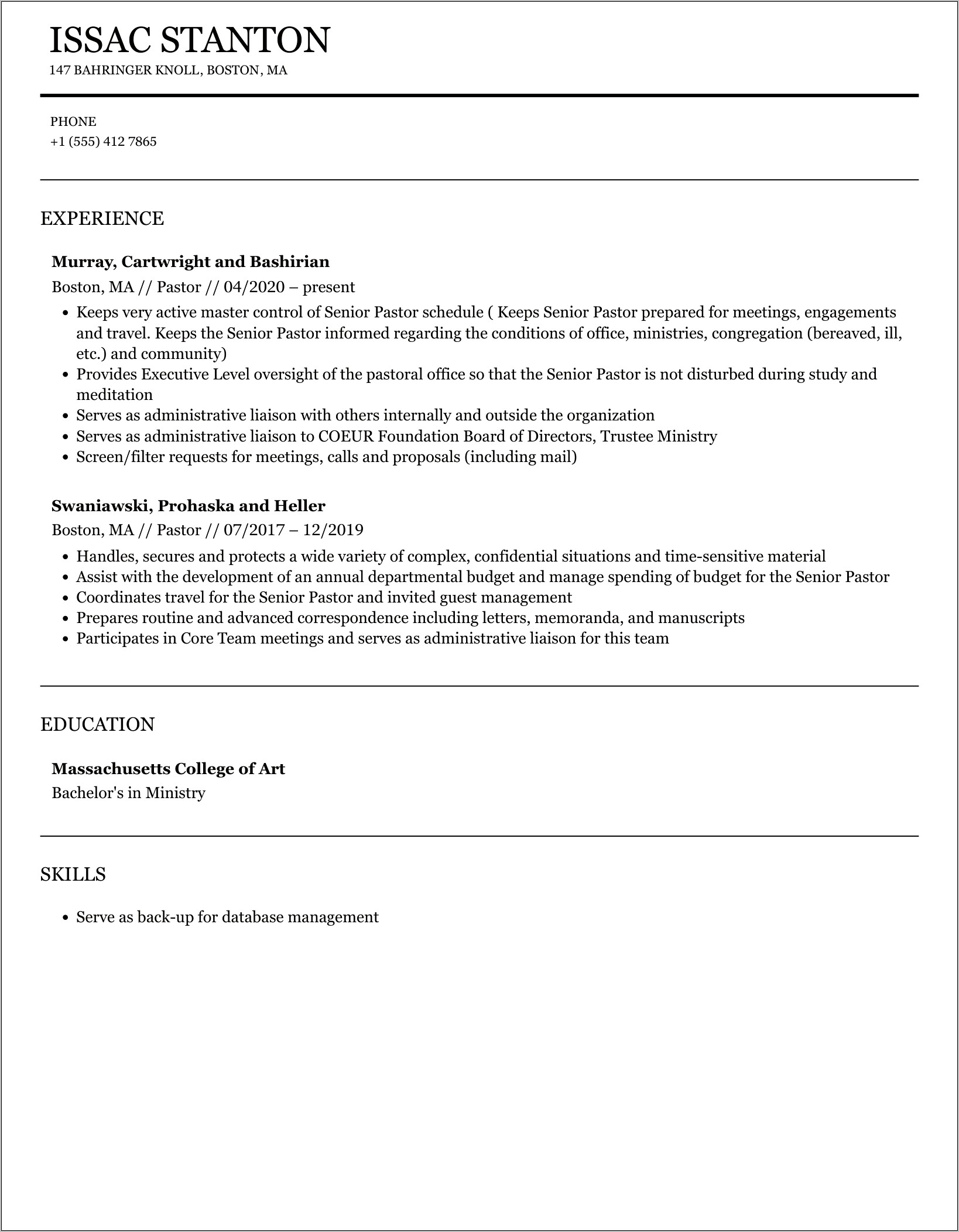 Free Sample Resumes For Pastors