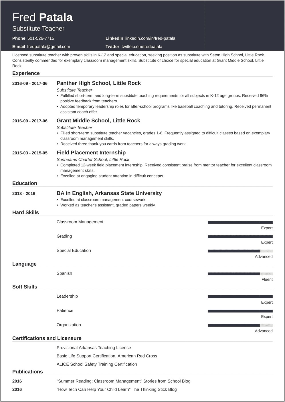 Free Sample Substitute Teacher Resume