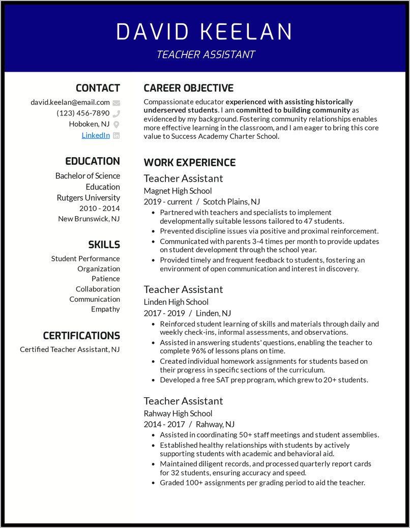 Free Sample Teacher Assistant Resume