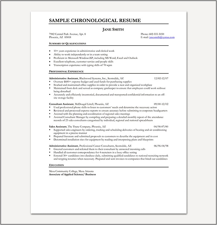 Free Samples Of Chronological Resumes