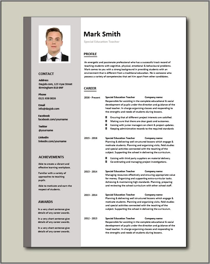 Free Special Education Resumes Template