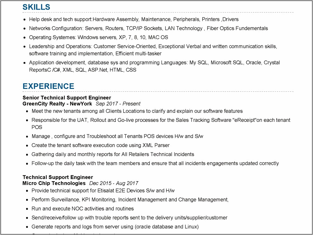 Free Technical Support Resume Samples