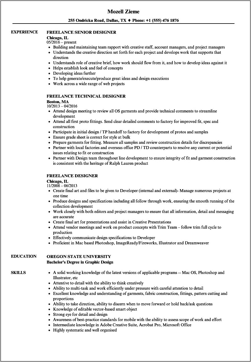 Freelance Graphic Design Resume Skills