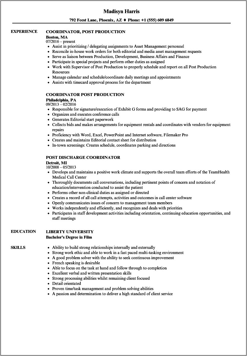 Freelance Production Coordinator Resume Example