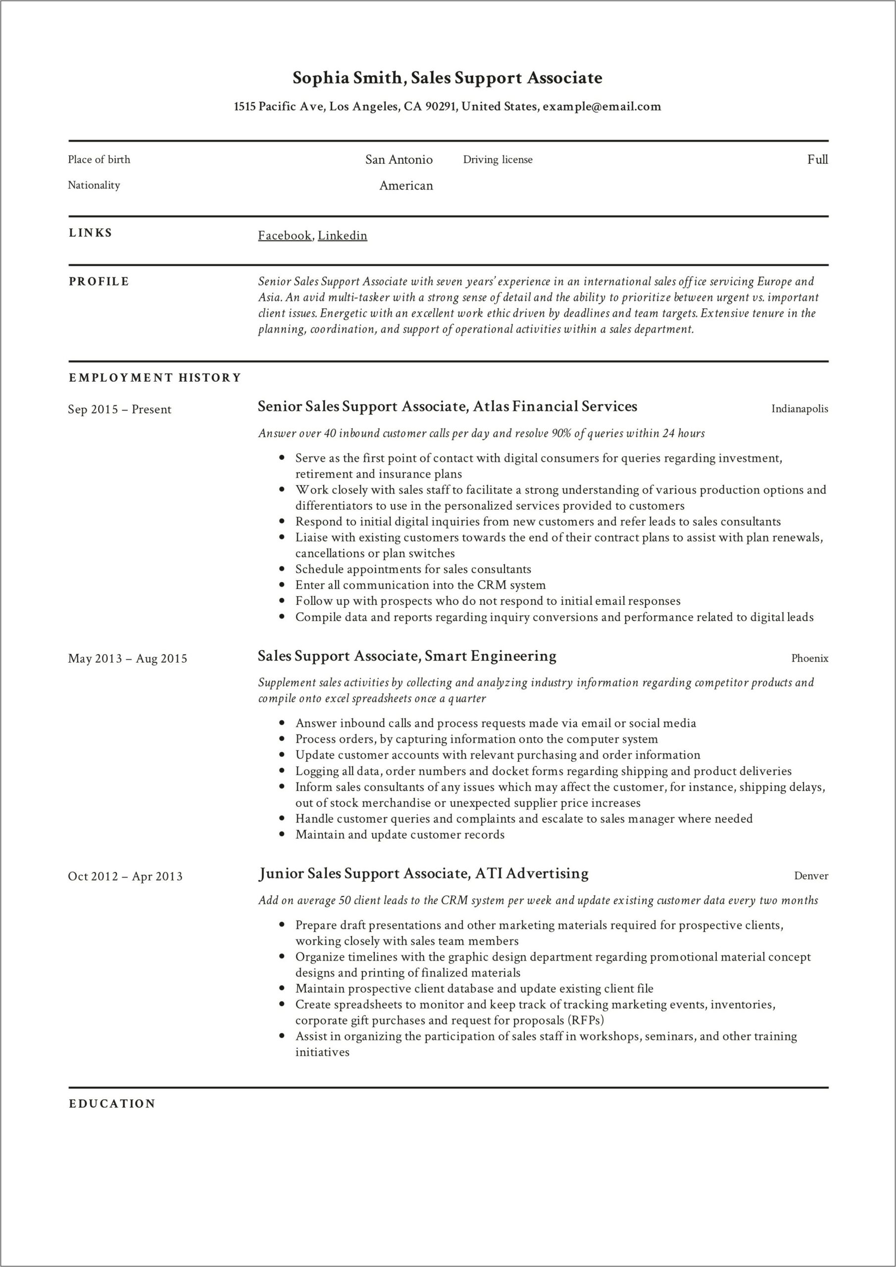 Fresher Sales Associate Resume Sample