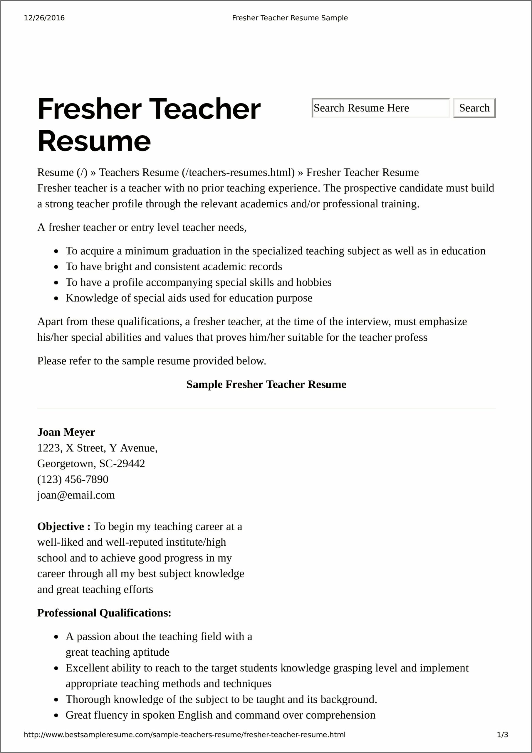 Fresher Teacher Resume Sample Download