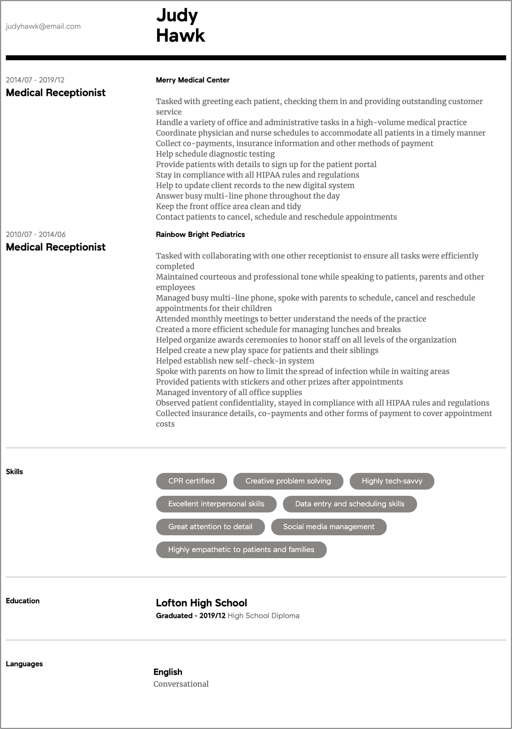 Front Desk Bar Resume Examples