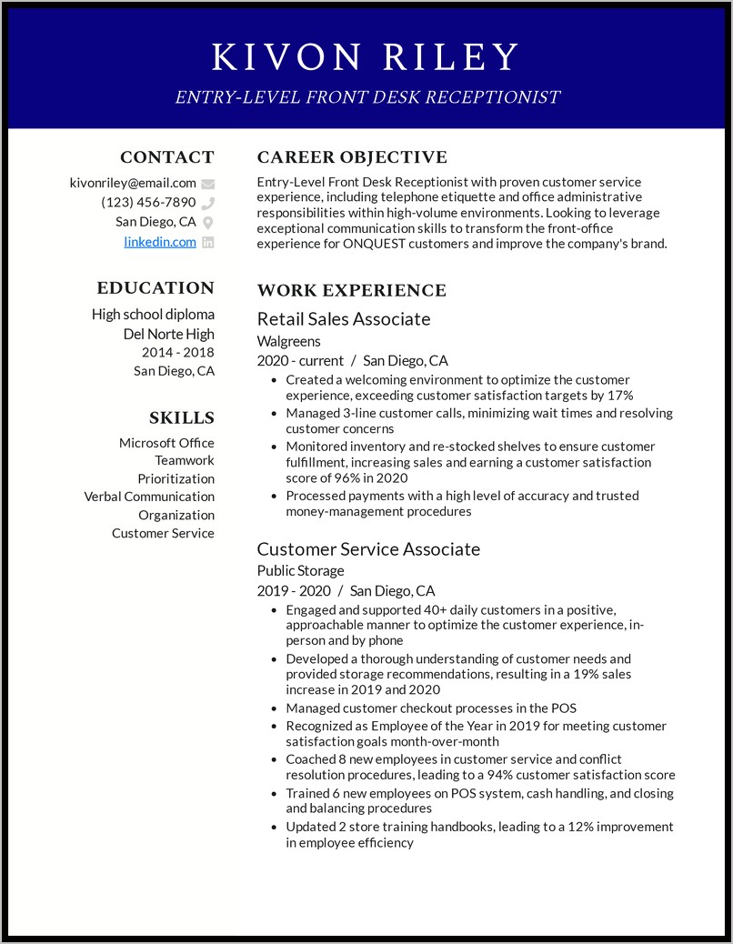 Front Desk Clerk Resume Example