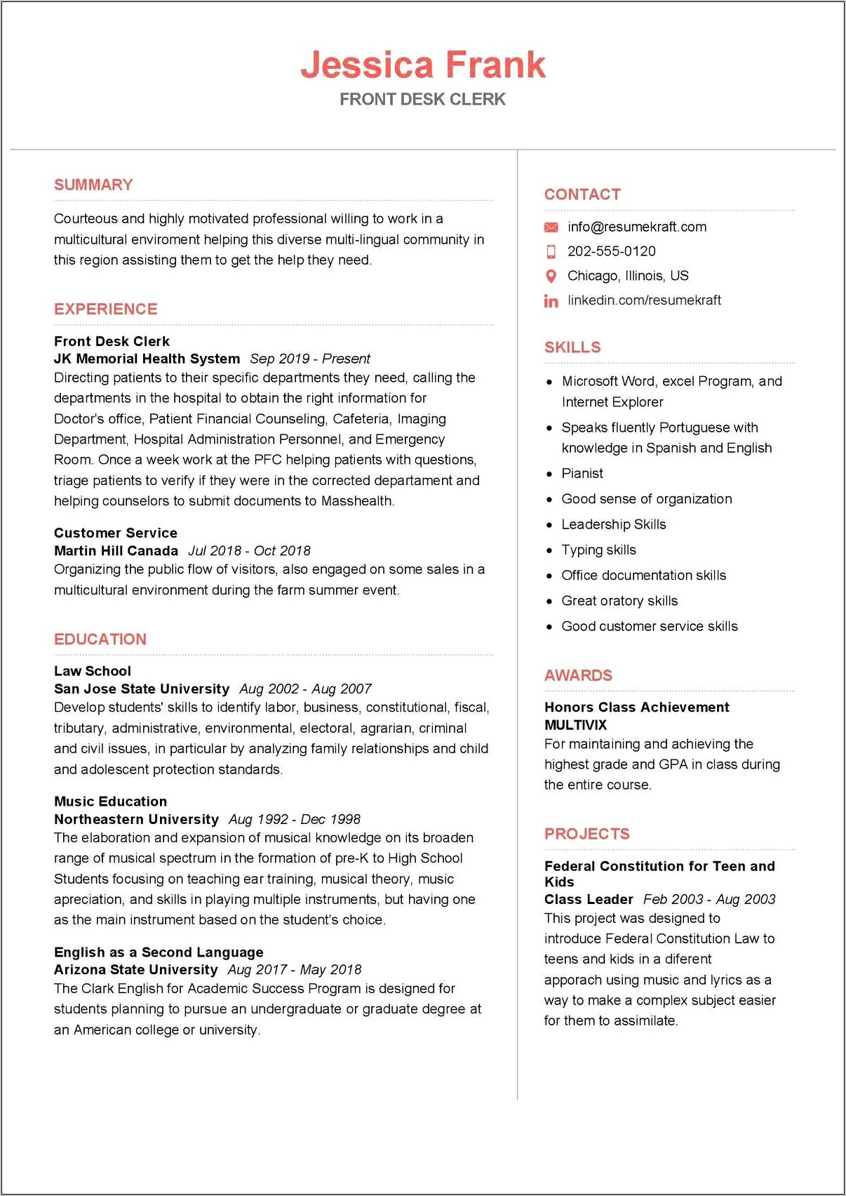 Front Desk Clerk Resume Skills