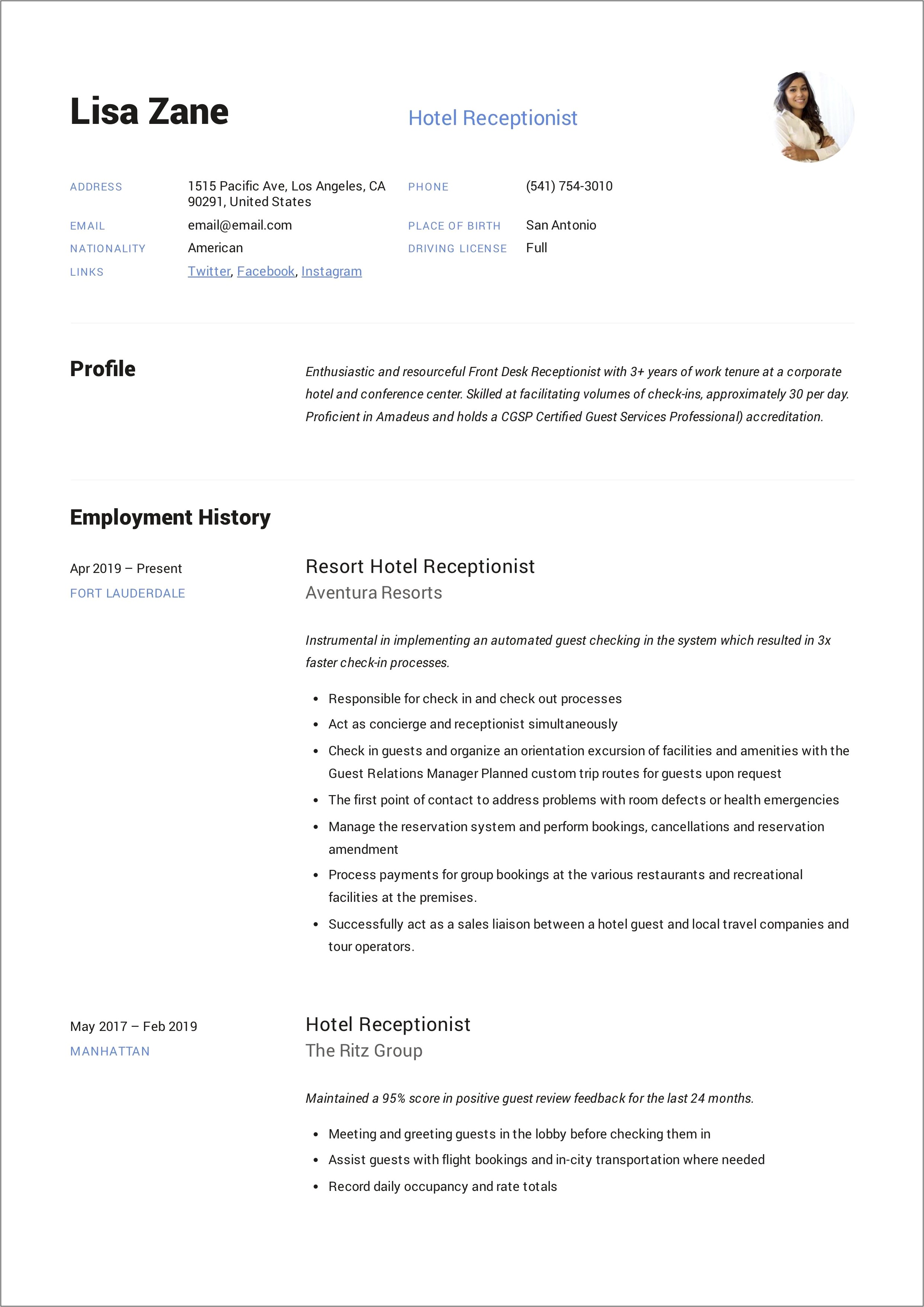 Front Desk Hotel Sample Resume