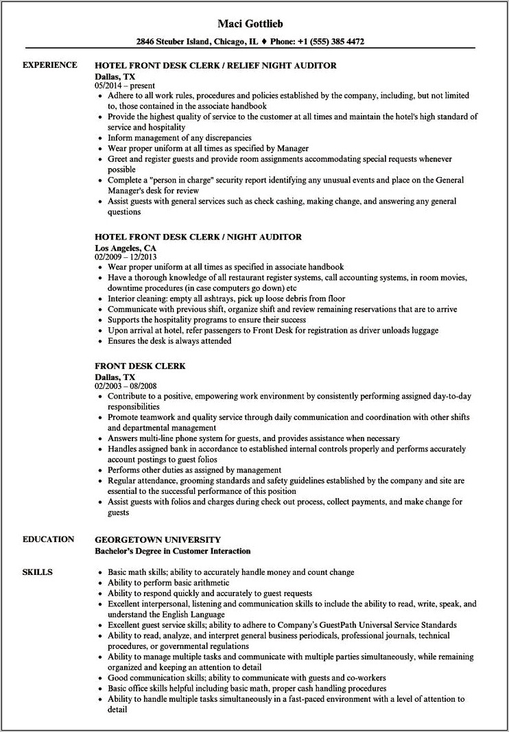 Front Desk Job Resume Responsibilities