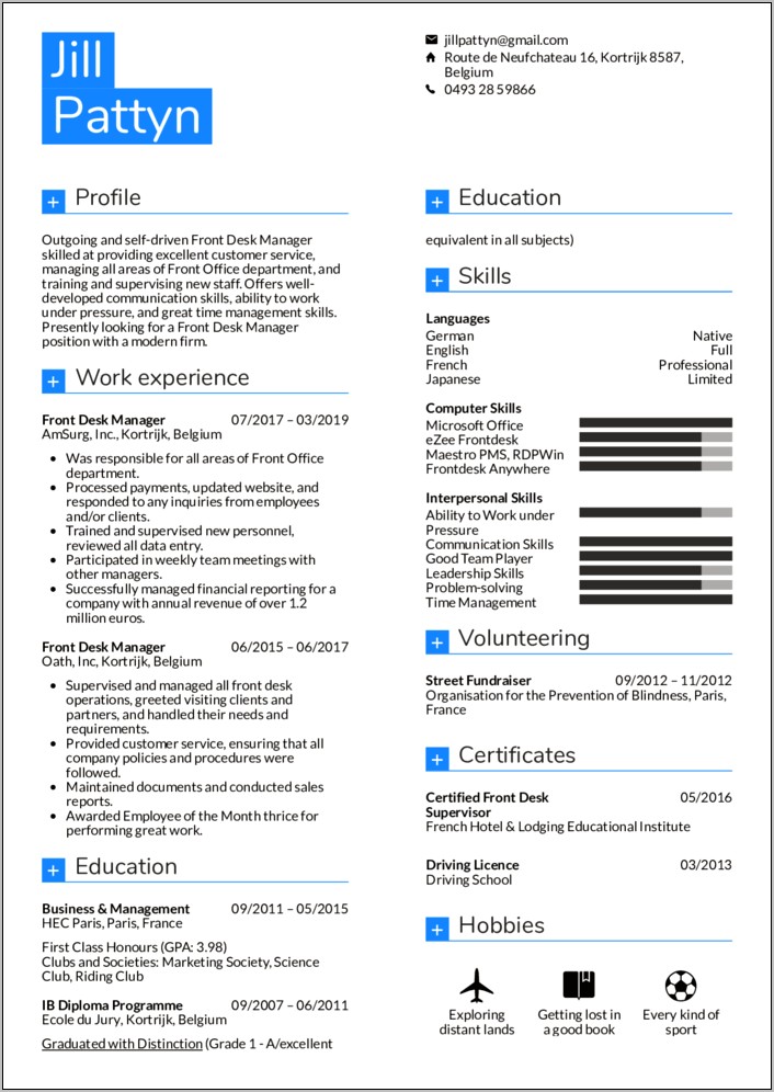 Front Desk Manager Resume Template