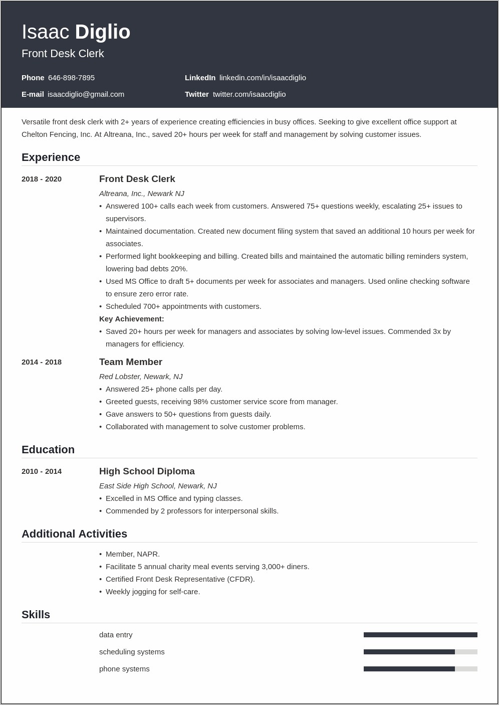 Front Desk Officer Resume Sample