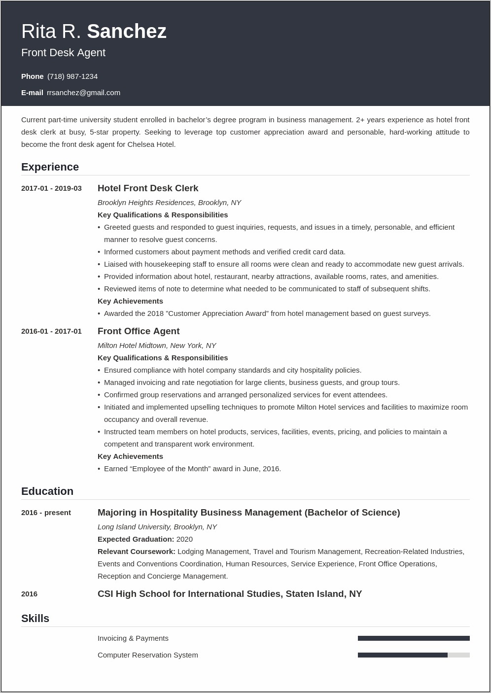 Front Desk Professional Resume Sample