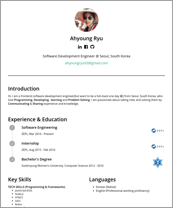 Front End Dev Resume Sample