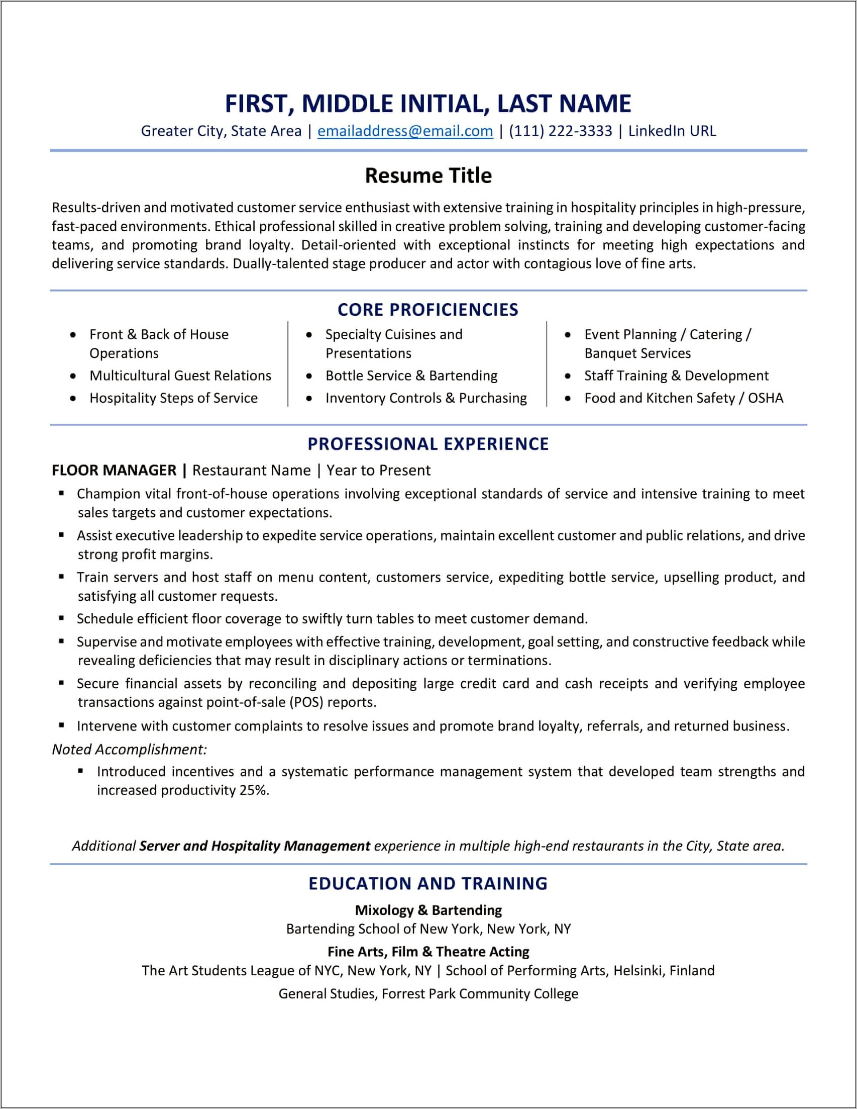 Front Of House Resume Sample