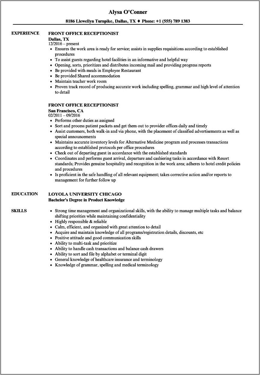 Front Office Job Description Resume