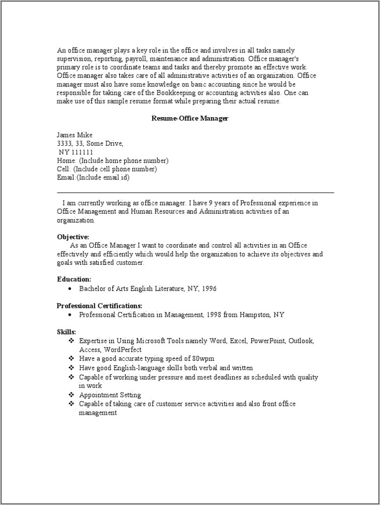 Front Office Manager Sample Resume