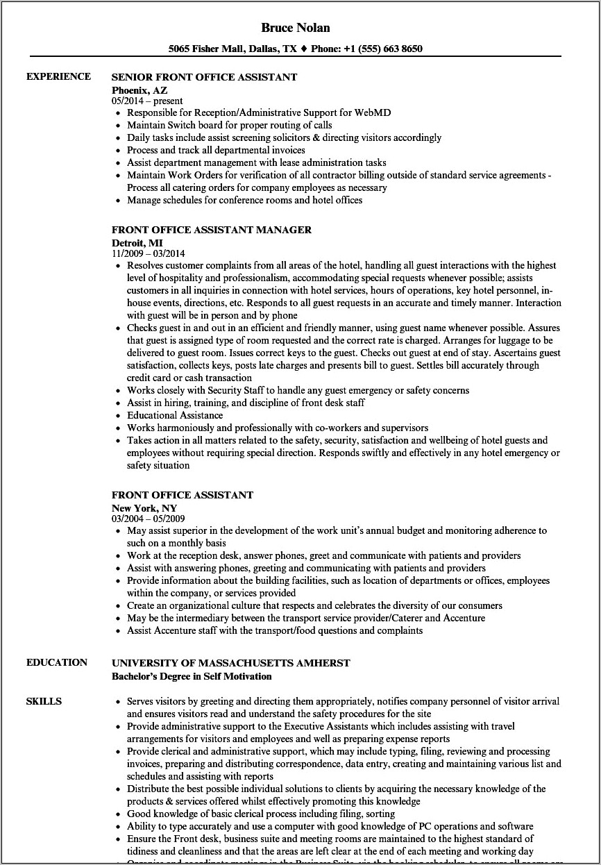 Front Office Position Resume Objective