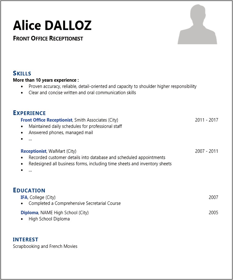 Front Office Receptionist Resume Example