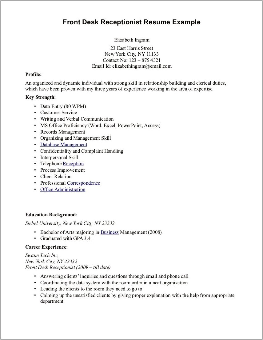 Front Office Receptionist Sample Resume