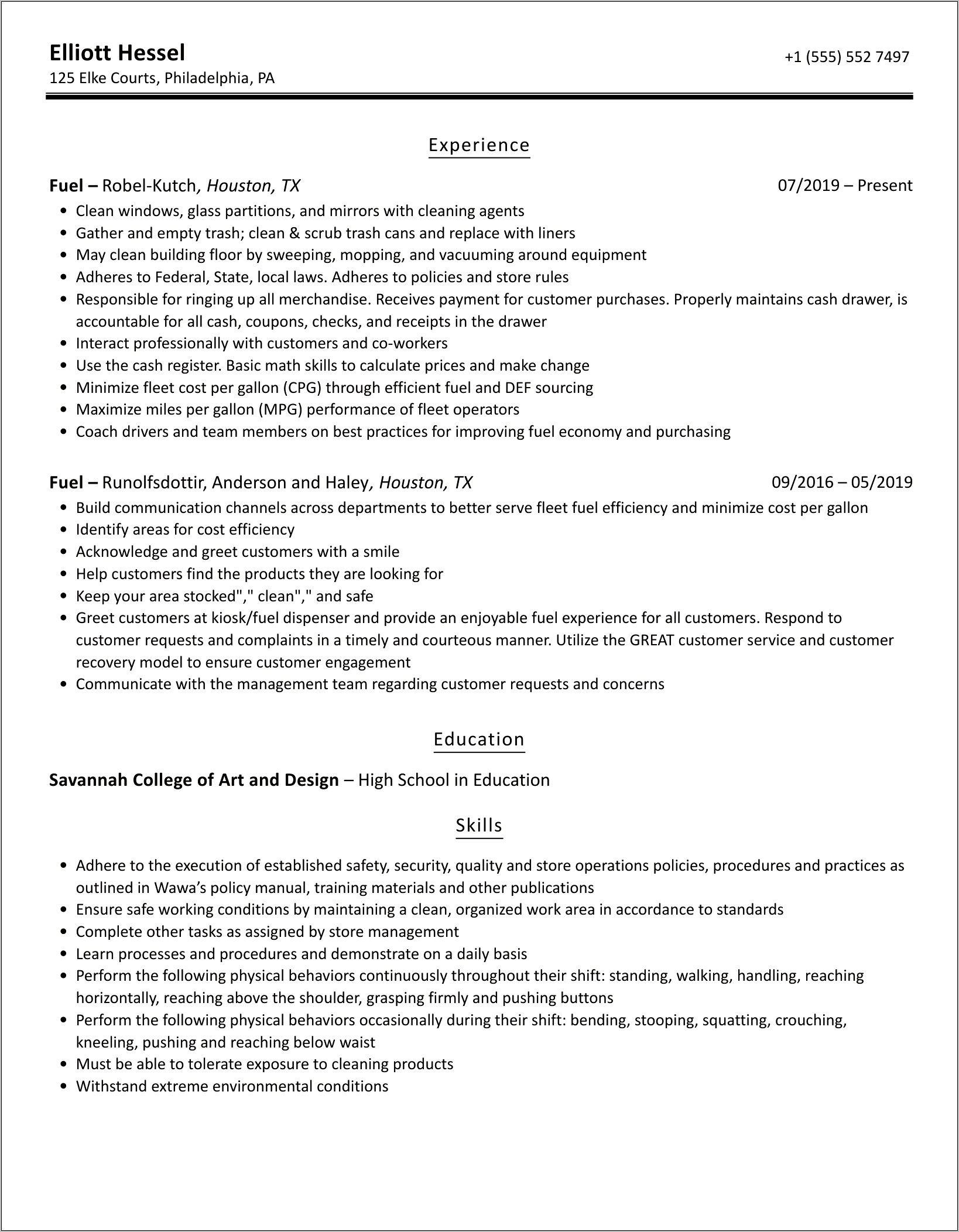 Fuel Clerk Job Description Resume