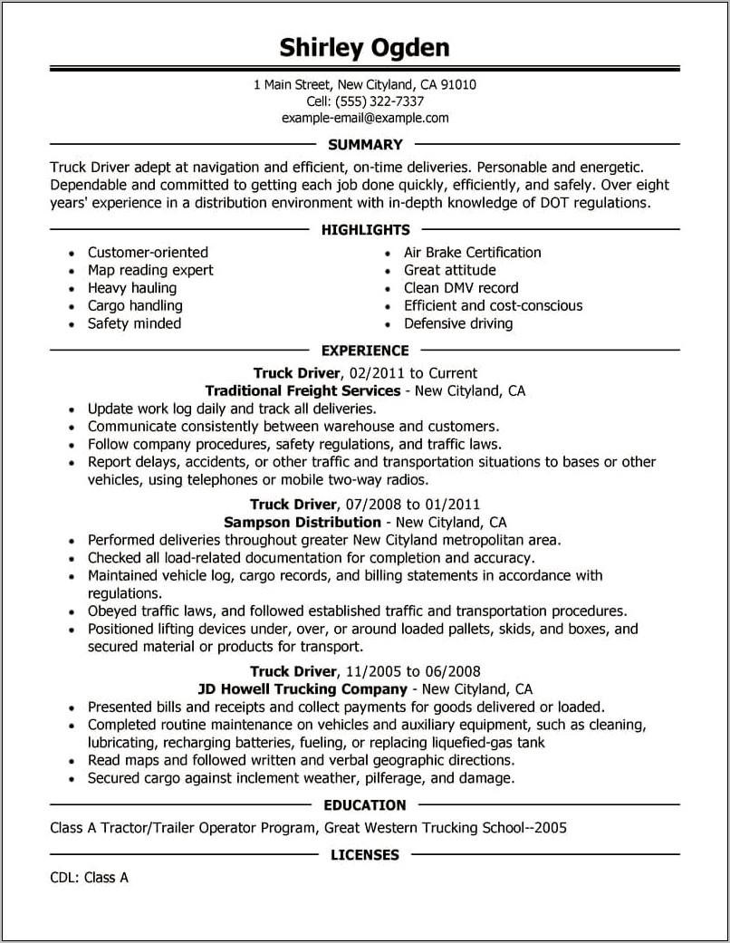 Fuel Truck Driver Resume Sample